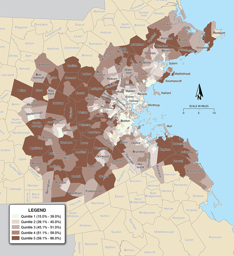 Figure 40 is a map that shows housing and transportation costs as a percent of household income in the Boston region for the regional median household income.